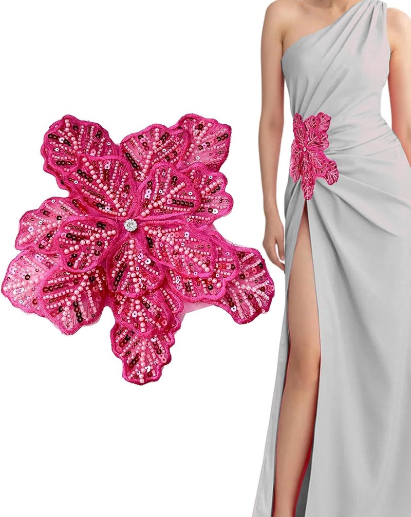 SAIXCCS 1pc Handmade Large Flower Rhinestone Applique for Clothes, Sparkly Sequin Beaded Patches for Wedding Dress, Embroidery Lace Sewing Patches for Bodice Hat Jean Jacket (Hot Pink) - Image 1